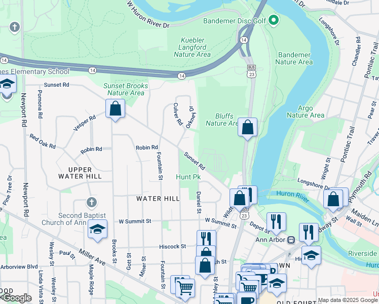 map of restaurants, bars, coffee shops, grocery stores, and more near 428 Sunset Road in Ann Arbor