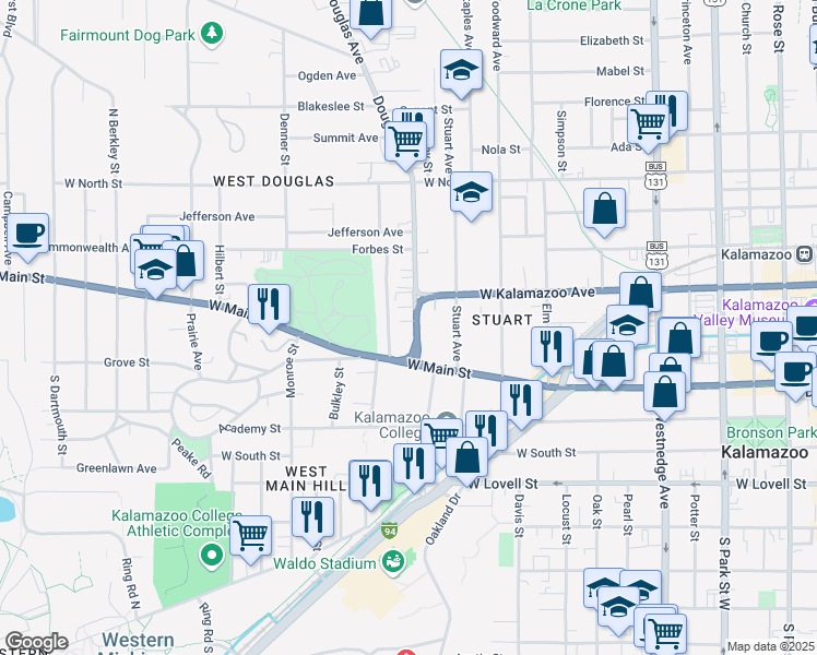 map of restaurants, bars, coffee shops, grocery stores, and more near 301 Douglas Avenue in Kalamazoo