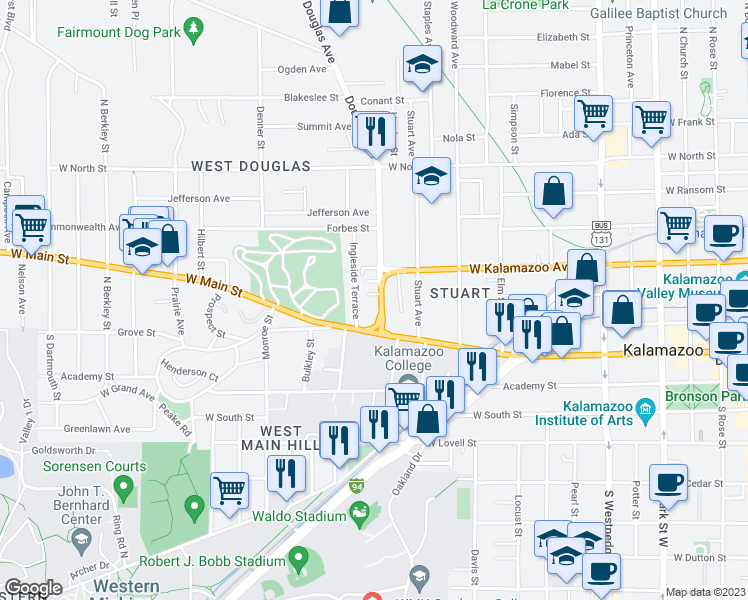 map of restaurants, bars, coffee shops, grocery stores, and more near 301 Douglas Avenue in Kalamazoo