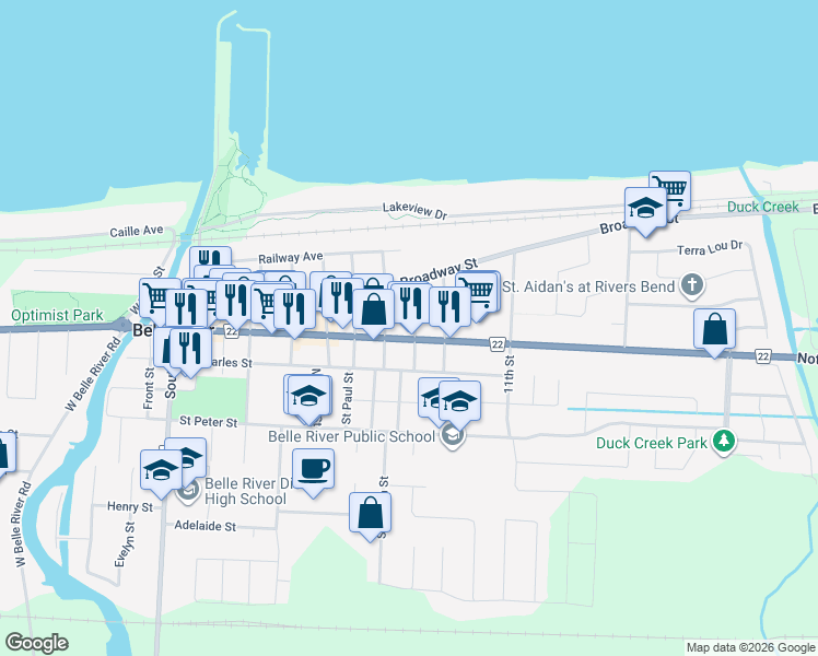 map of restaurants, bars, coffee shops, grocery stores, and more near 419 Notre Dame Street in Belle River