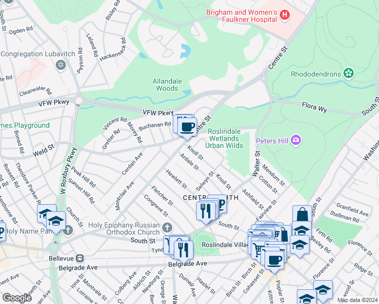 map of restaurants, bars, coffee shops, grocery stores, and more near 110 Knoll Street in Roslindale