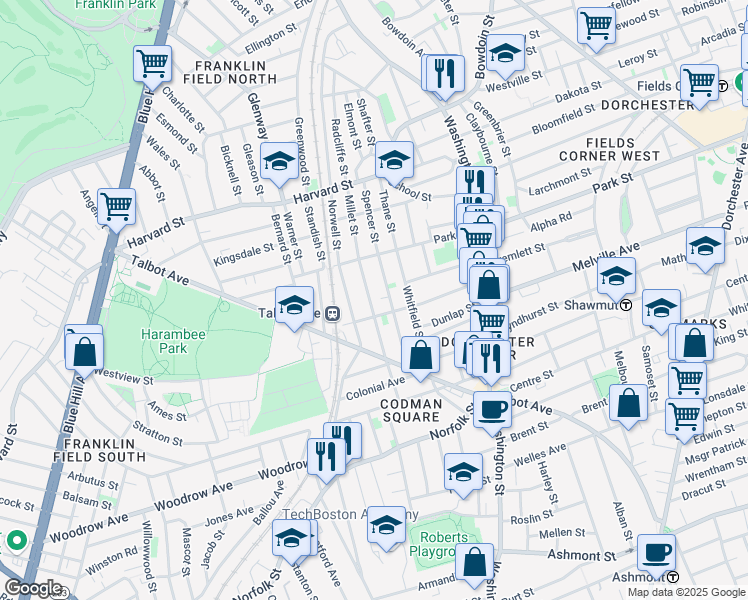 map of restaurants, bars, coffee shops, grocery stores, and more near 88 Spencer Street in Boston