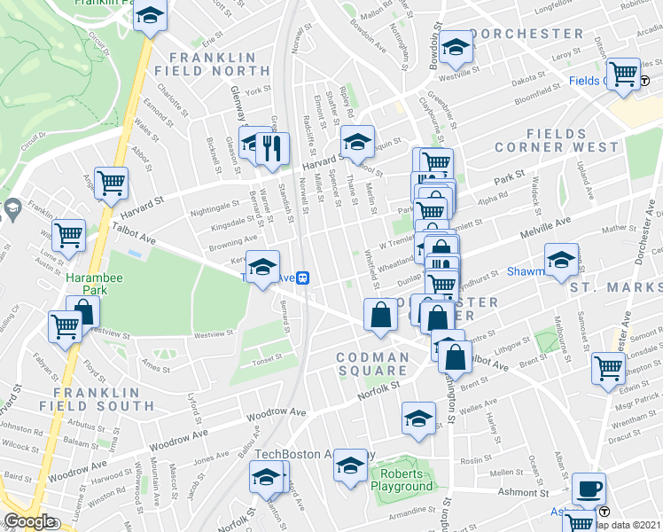 map of restaurants, bars, coffee shops, grocery stores, and more near 246 Norwell Street in Boston