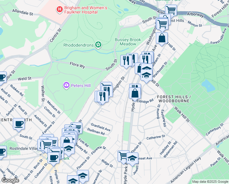 map of restaurants, bars, coffee shops, grocery stores, and more near 25 Colgate Road in Boston