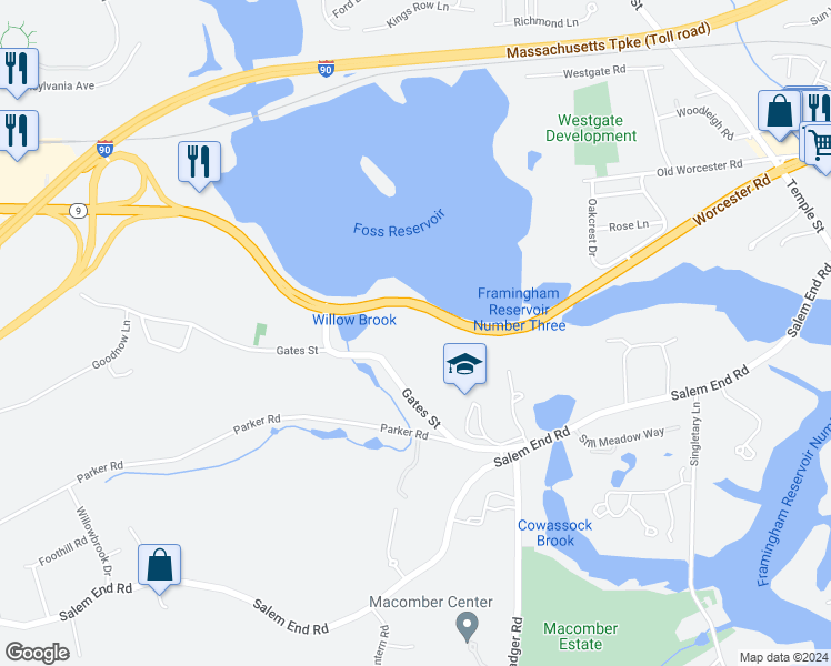 map of restaurants, bars, coffee shops, grocery stores, and more near 1550 Worcester Road in Framingham