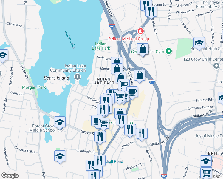 map of restaurants, bars, coffee shops, grocery stores, and more near 18 Boardman Street in Worcester