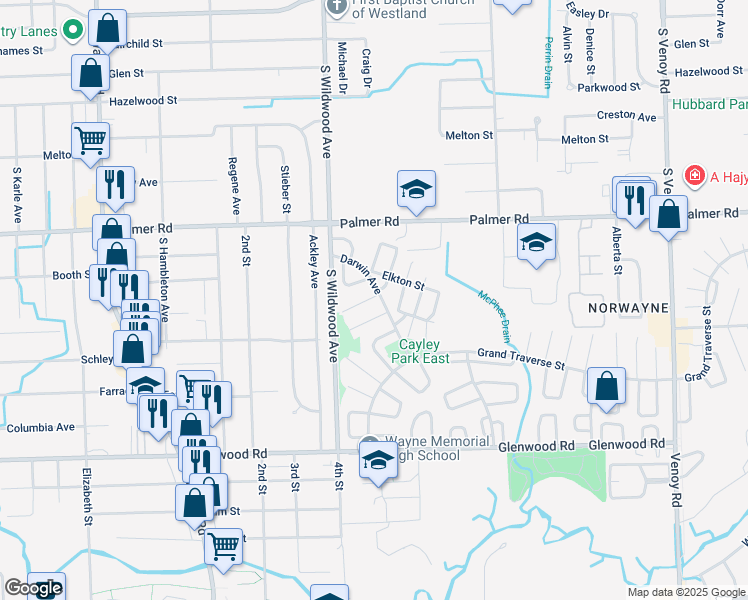 map of restaurants, bars, coffee shops, grocery stores, and more near 2106 Edgerton Court in Westland
