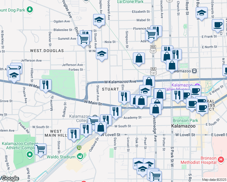map of restaurants, bars, coffee shops, grocery stores, and more near 324 Woodward Avenue in Kalamazoo