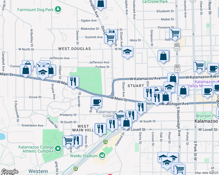 map of restaurants, bars, coffee shops, grocery stores, and more near 329 Ingleside Terrace in Kalamazoo