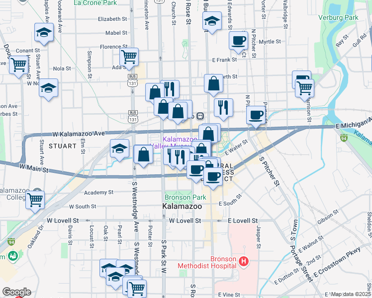 map of restaurants, bars, coffee shops, grocery stores, and more near 201 West Kalamazoo Avenue in Kalamazoo