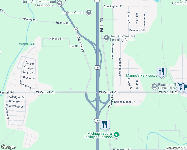 map of restaurants, bars, coffee shops, grocery stores, and more near 3335 Clinton Way in Jackson