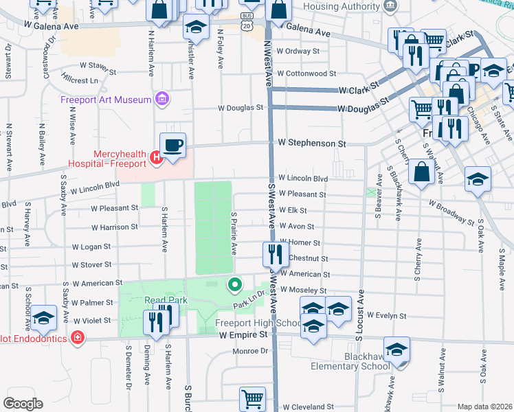 map of restaurants, bars, coffee shops, grocery stores, and more near 812 West Pleasant Street in Freeport