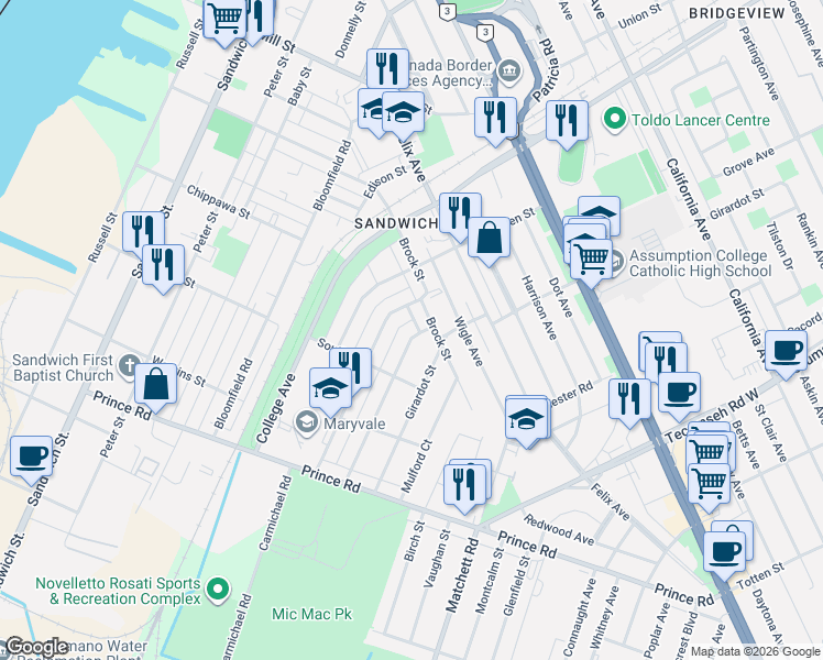 map of restaurants, bars, coffee shops, grocery stores, and more near 3436 Wells Street in Windsor