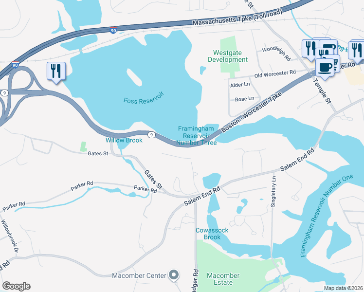 map of restaurants, bars, coffee shops, grocery stores, and more near 1558 Worcester Road in Framingham