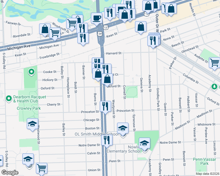map of restaurants, bars, coffee shops, grocery stores, and more near 2453 Westpoint Street in Dearborn
