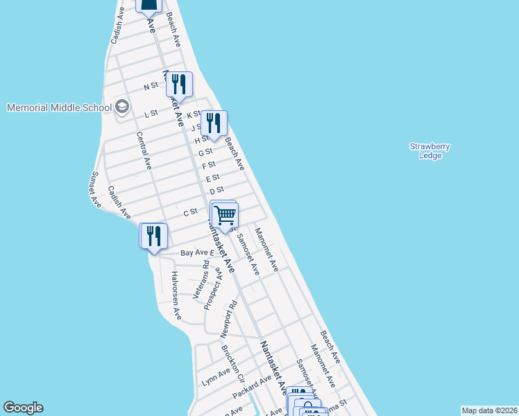 map of restaurants, bars, coffee shops, grocery stores, and more near 197 Beach Avenue in Hull