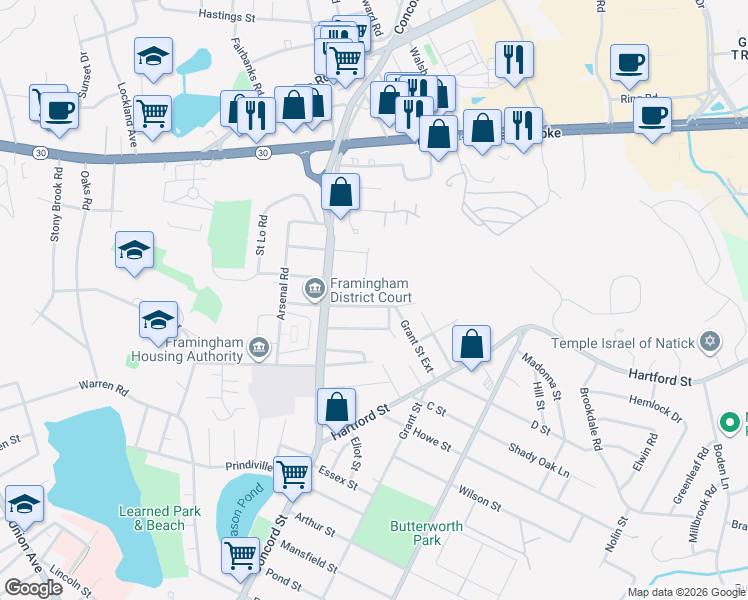 map of restaurants, bars, coffee shops, grocery stores, and more near 26 Palmer Road in Framingham