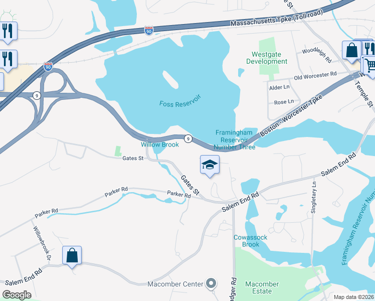 map of restaurants, bars, coffee shops, grocery stores, and more near 1550 Worcester Road in Framingham