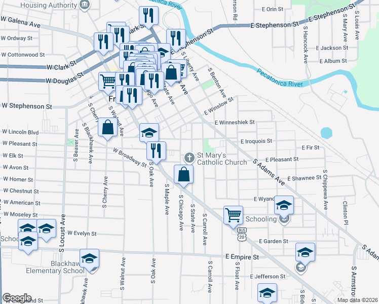 map of restaurants, bars, coffee shops, grocery stores, and more near 7 East Iroquois Street in Freeport