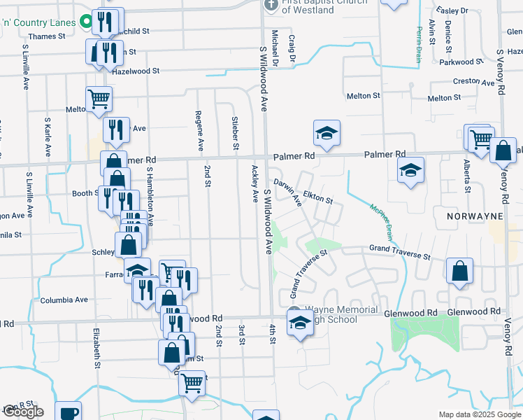 map of restaurants, bars, coffee shops, grocery stores, and more near 1838 Ackley Avenue in Westland