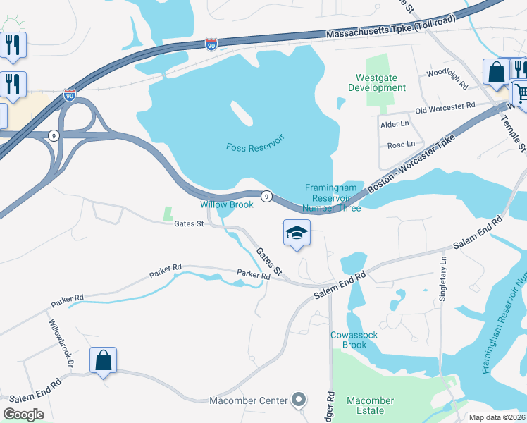 map of restaurants, bars, coffee shops, grocery stores, and more near 1550 Worcester Road in Framingham