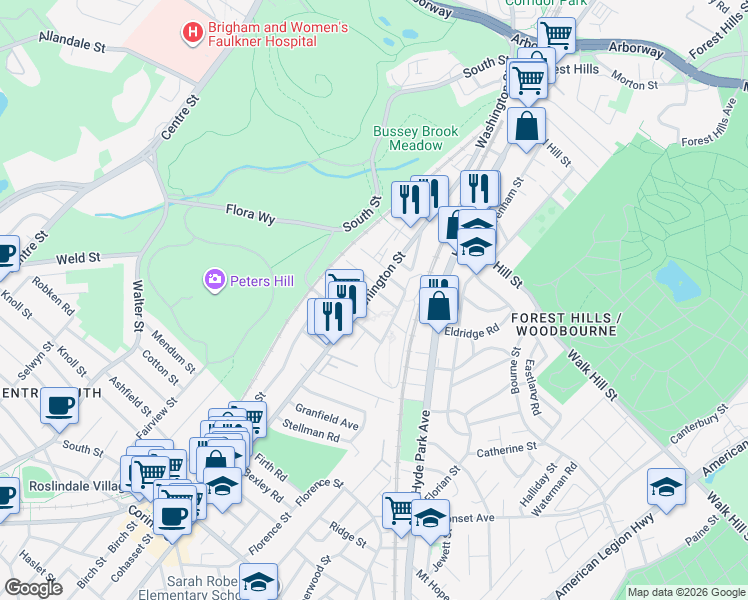 map of restaurants, bars, coffee shops, grocery stores, and more near 3960 Washington Street in Boston