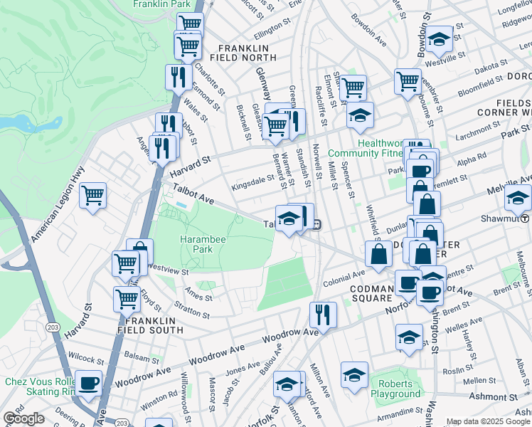 map of restaurants, bars, coffee shops, grocery stores, and more near 28 Kerwin Street in Boston