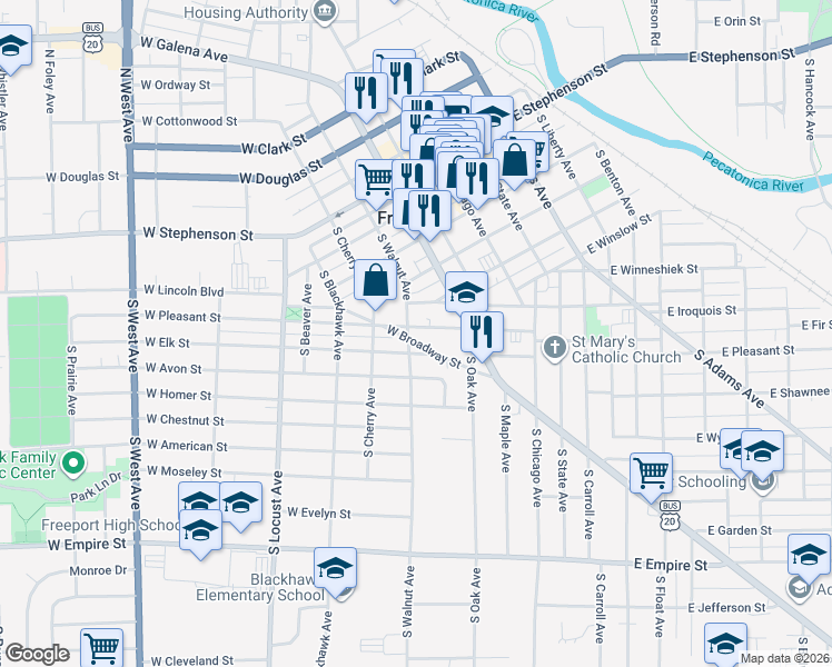 map of restaurants, bars, coffee shops, grocery stores, and more near 2 West Washington Place in Freeport