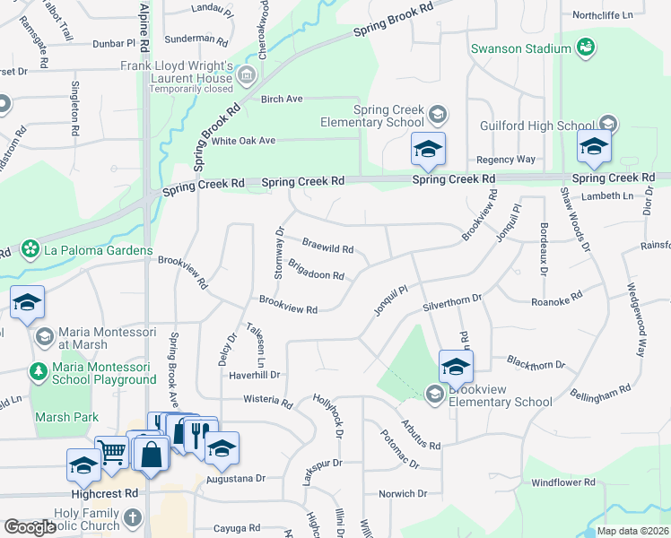 map of restaurants, bars, coffee shops, grocery stores, and more near 4933 Braewild Road in Rockford