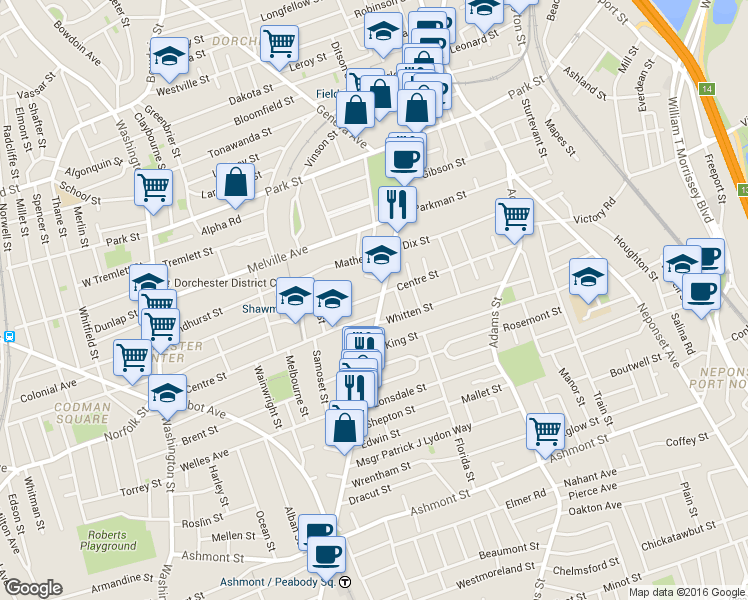 map of restaurants, bars, coffee shops, grocery stores, and more near 1669 Dorchester Avenue in Boston