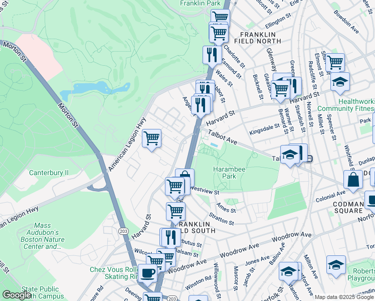 map of restaurants, bars, coffee shops, grocery stores, and more near 301 Harvard Street in Boston