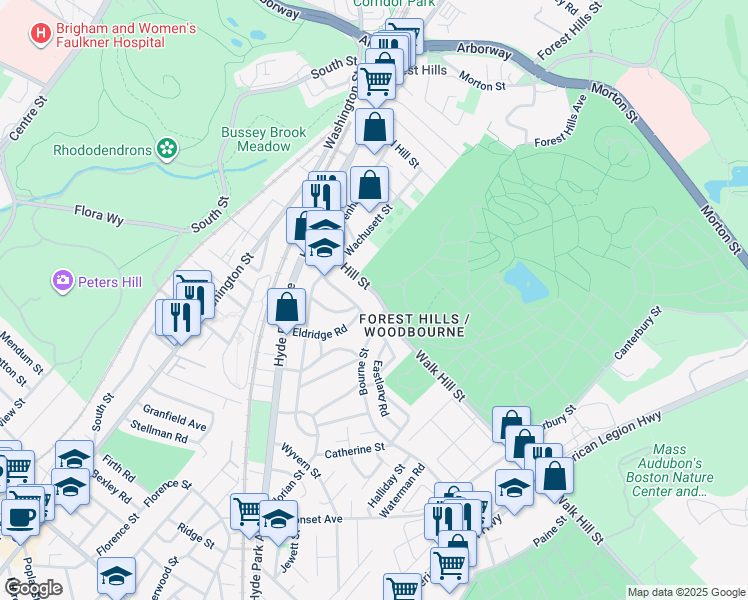 map of restaurants, bars, coffee shops, grocery stores, and more near 81 Walk Hill Street in Boston