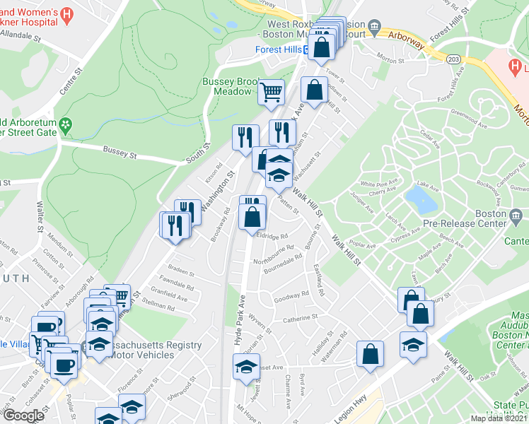map of restaurants, bars, coffee shops, grocery stores, and more near 163 Wachusett Street in Boston