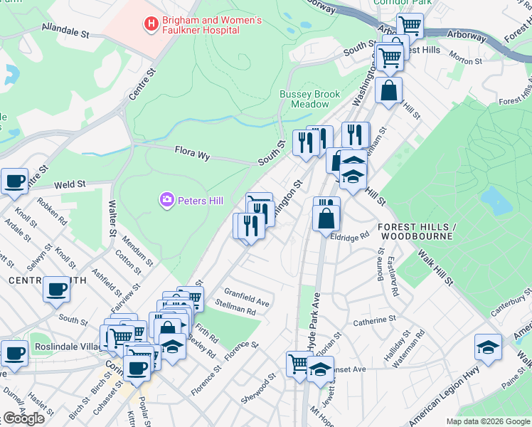map of restaurants, bars, coffee shops, grocery stores, and more near 25 Colgate Road in Boston