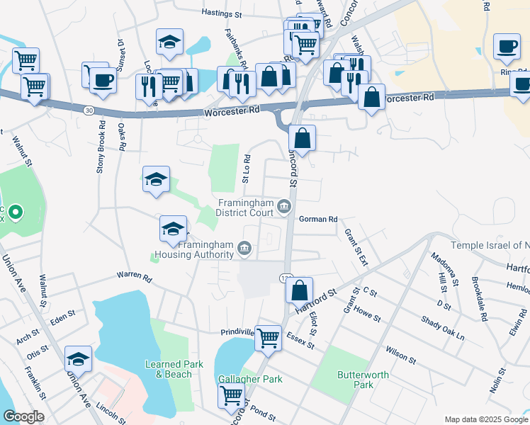 map of restaurants, bars, coffee shops, grocery stores, and more near 43 Arsenal Road in Framingham