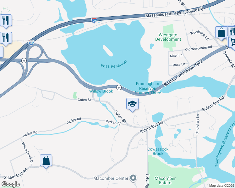 map of restaurants, bars, coffee shops, grocery stores, and more near 1550 Worcester Road in Framingham