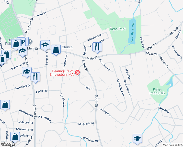 map of restaurants, bars, coffee shops, grocery stores, and more near 10 Trowbridge Circle in Shrewsbury