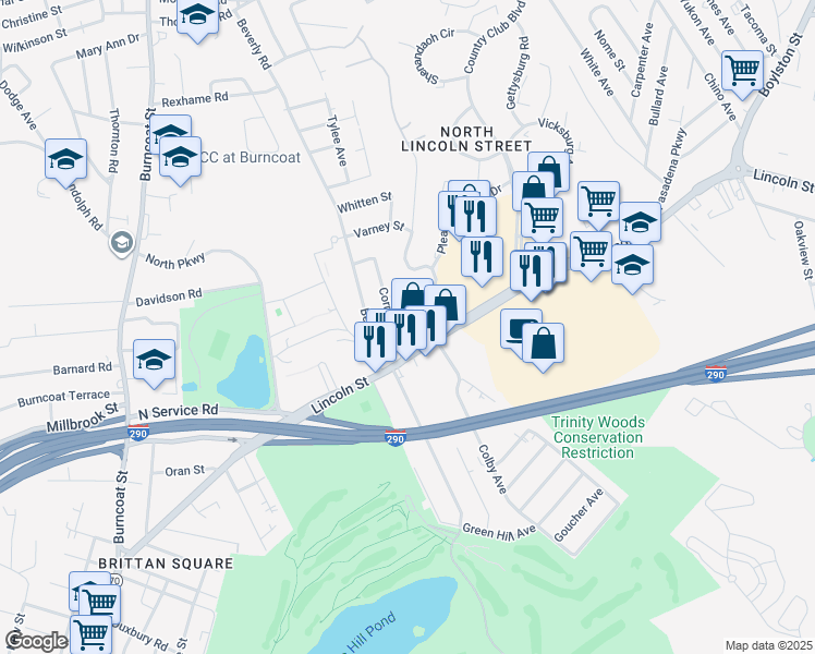 map of restaurants, bars, coffee shops, grocery stores, and more near 7 Goldthwaite Road in Worcester