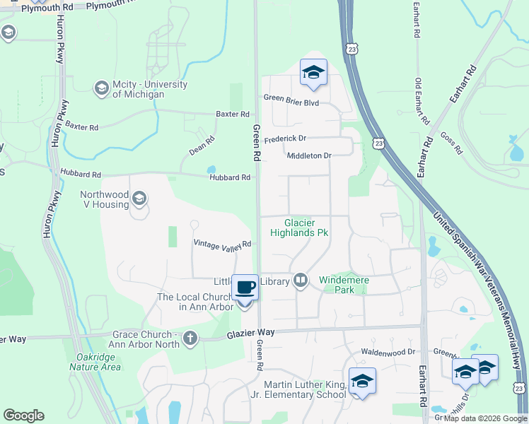 map of restaurants, bars, coffee shops, grocery stores, and more near 1436 Green Road in Ann Arbor