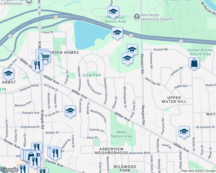 map of restaurants, bars, coffee shops, grocery stores, and more near 1347 Wines Drive in Ann Arbor