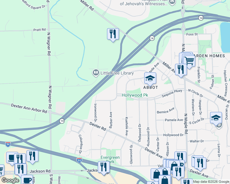 map of restaurants, bars, coffee shops, grocery stores, and more near 1116 Ravenwood Street in Ann Arbor