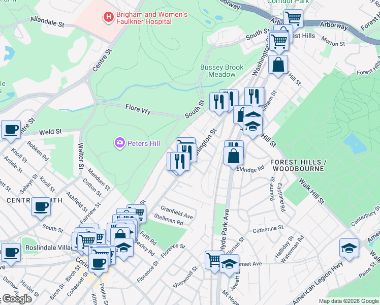 map of restaurants, bars, coffee shops, grocery stores, and more near 25 Colgate Road in Boston
