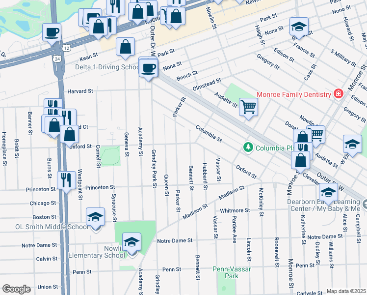 map of restaurants, bars, coffee shops, grocery stores, and more near 2438 Bennett Street in Dearborn