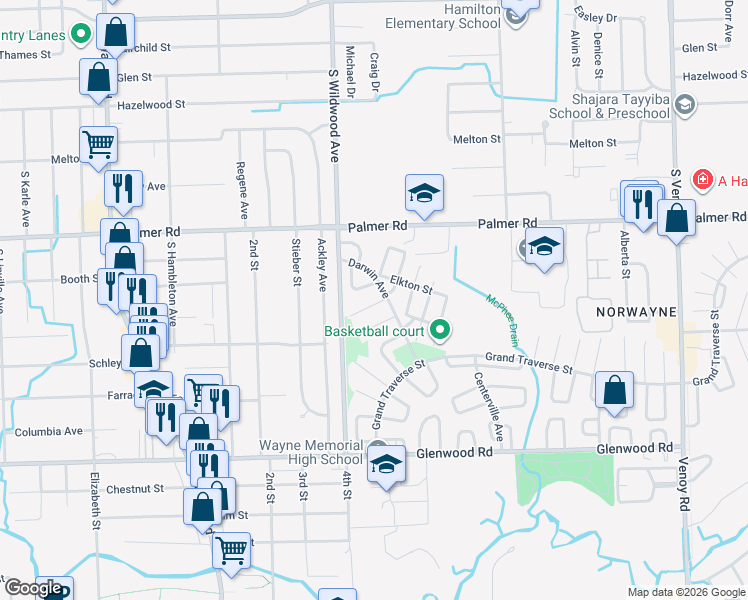 map of restaurants, bars, coffee shops, grocery stores, and more near 2029 Dryden Street in Westland