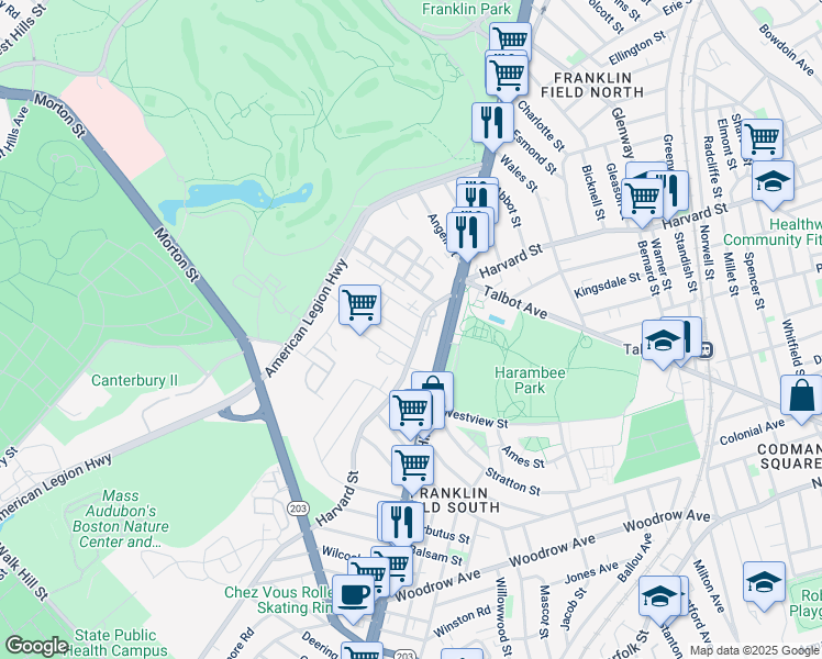 map of restaurants, bars, coffee shops, grocery stores, and more near 301 Harvard Street in Boston