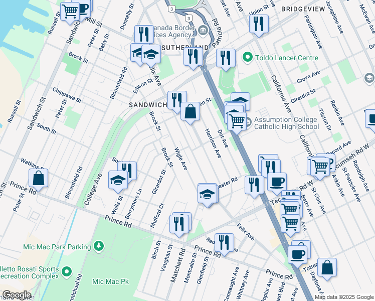 map of restaurants, bars, coffee shops, grocery stores, and more near in Windsor