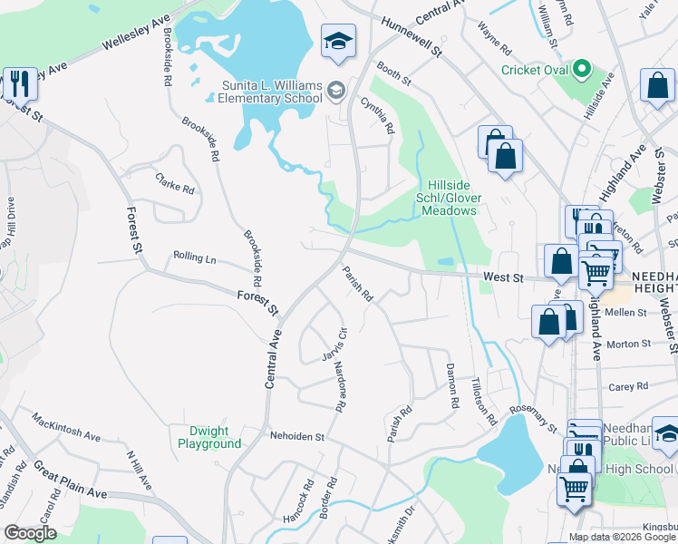 map of restaurants, bars, coffee shops, grocery stores, and more near 764 Central Avenue in Needham