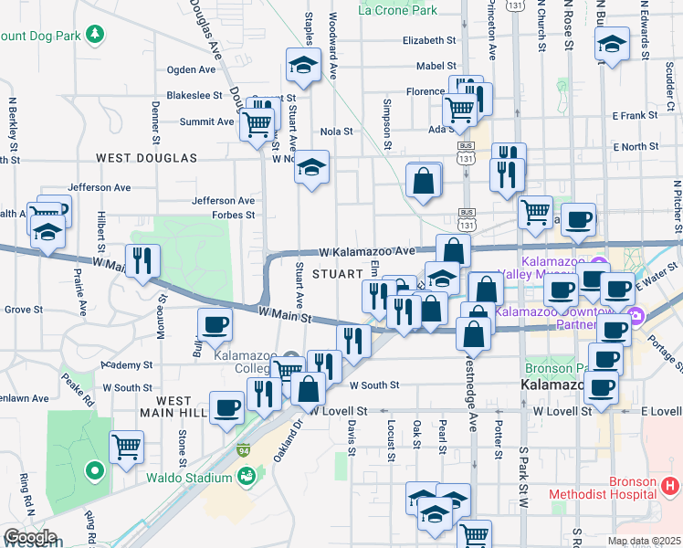 map of restaurants, bars, coffee shops, grocery stores, and more near 306 Woodward Avenue in Kalamazoo