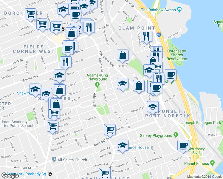 map of restaurants, bars, coffee shops, grocery stores, and more near 49 Train Street in Boston