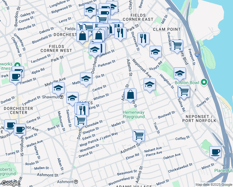map of restaurants, bars, coffee shops, grocery stores, and more near 64 Whitten Street in Boston